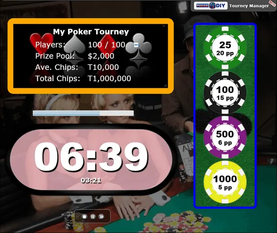 Tournament layout with highlighted tournament information and chip-value panels