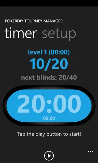 Mobile timer waiting to start with first-level blinds and a blue countdown