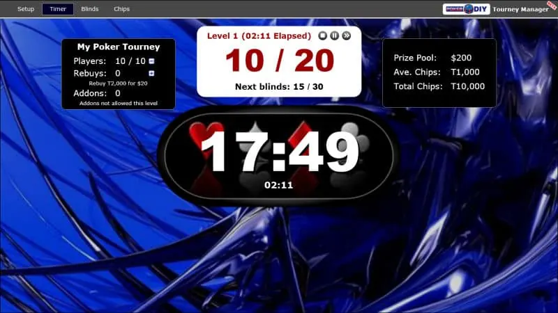 Tournament timer with customised panel backgrounds and a blue illustrated wallpaper