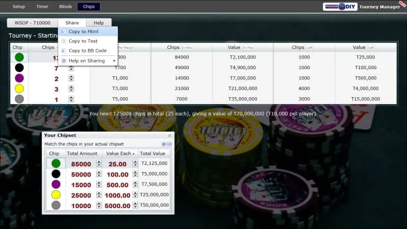 Chip setup table and calculator showing chip denominations and starting stacks