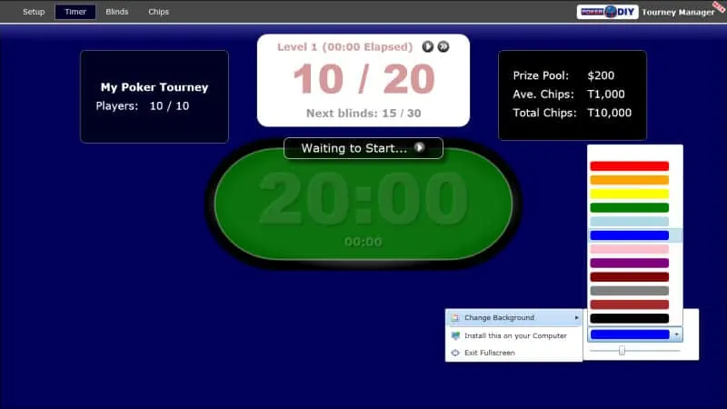 Tournament timer with its colour picker open