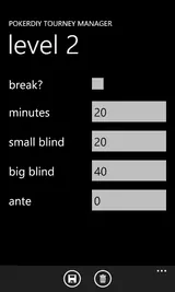 Mobile blind-level editor with duration, small blind, big blind and ante fields