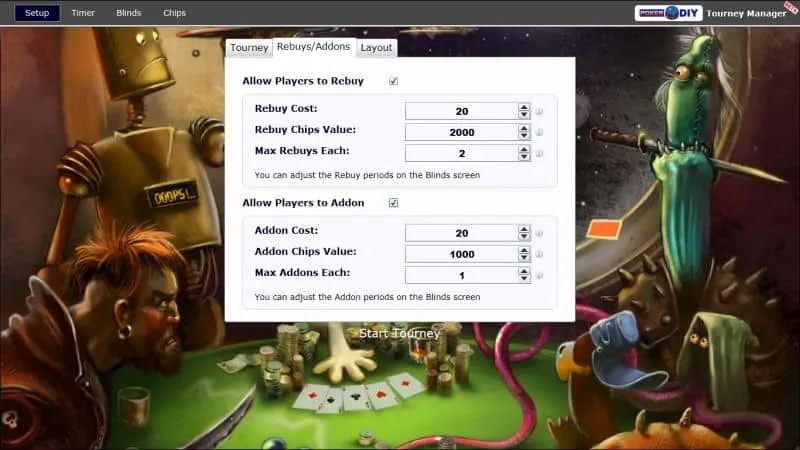 Tournament settings window for rebuy chips, add-on chips and starting chips