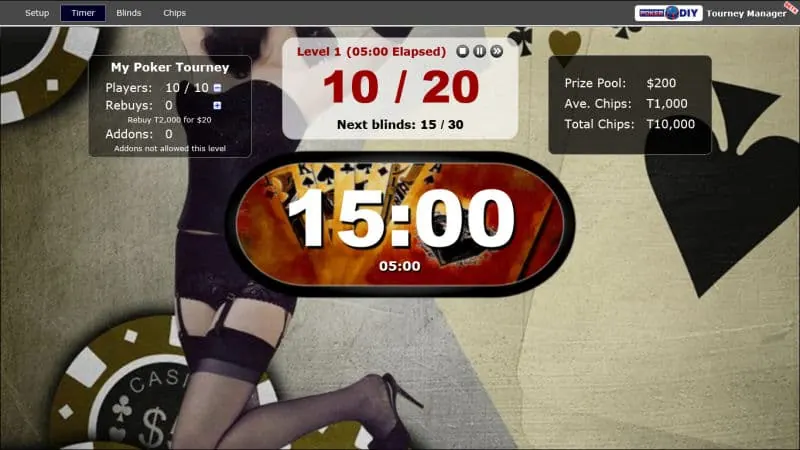 Tournament information panel showing player, rebuy and add-on totals