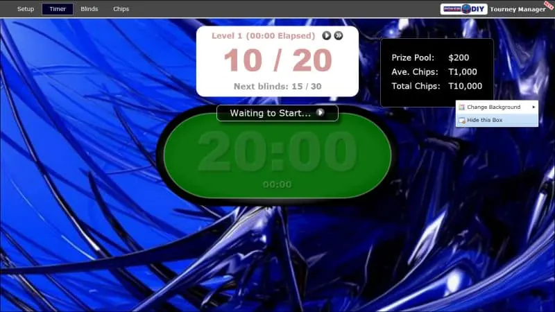 Tournament timer with the panel visibility menu open