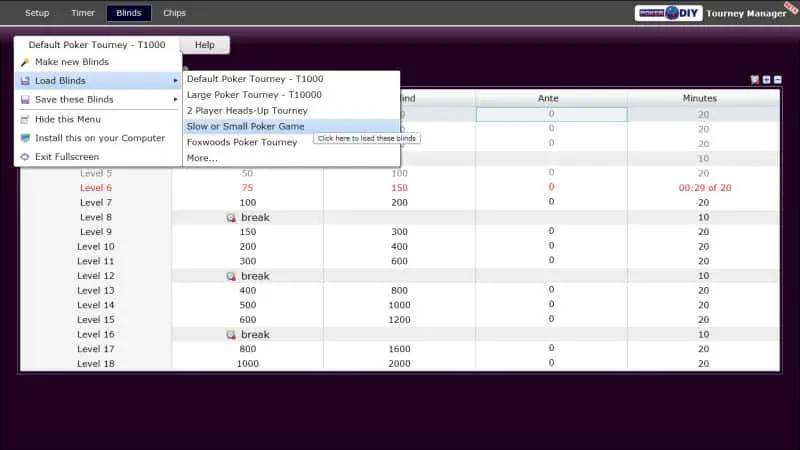 Blind-level table with the save and load tournament menu open