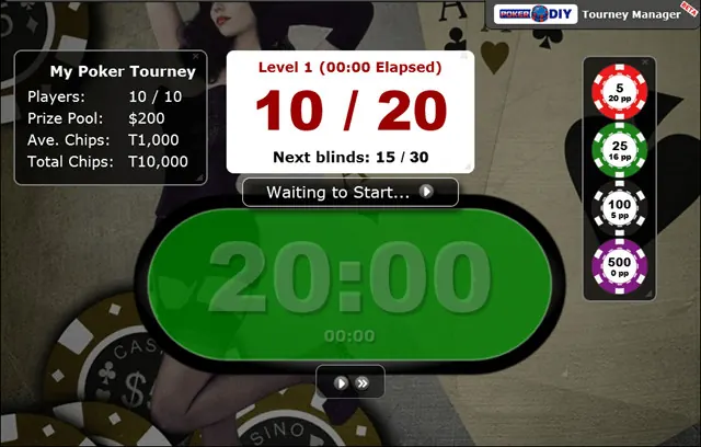 Tournament countdown waiting to start alongside blind levels, chip values and the prize pool